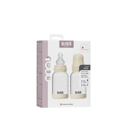 BIBS babyflaske i glas, 120 ml, 2-pak med silikonesut