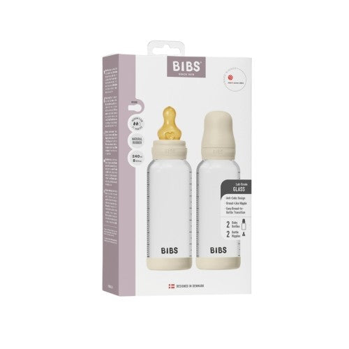 BIBS glas babyflaske 240 ml med blød latex-sut af naturgummi i 2-pak