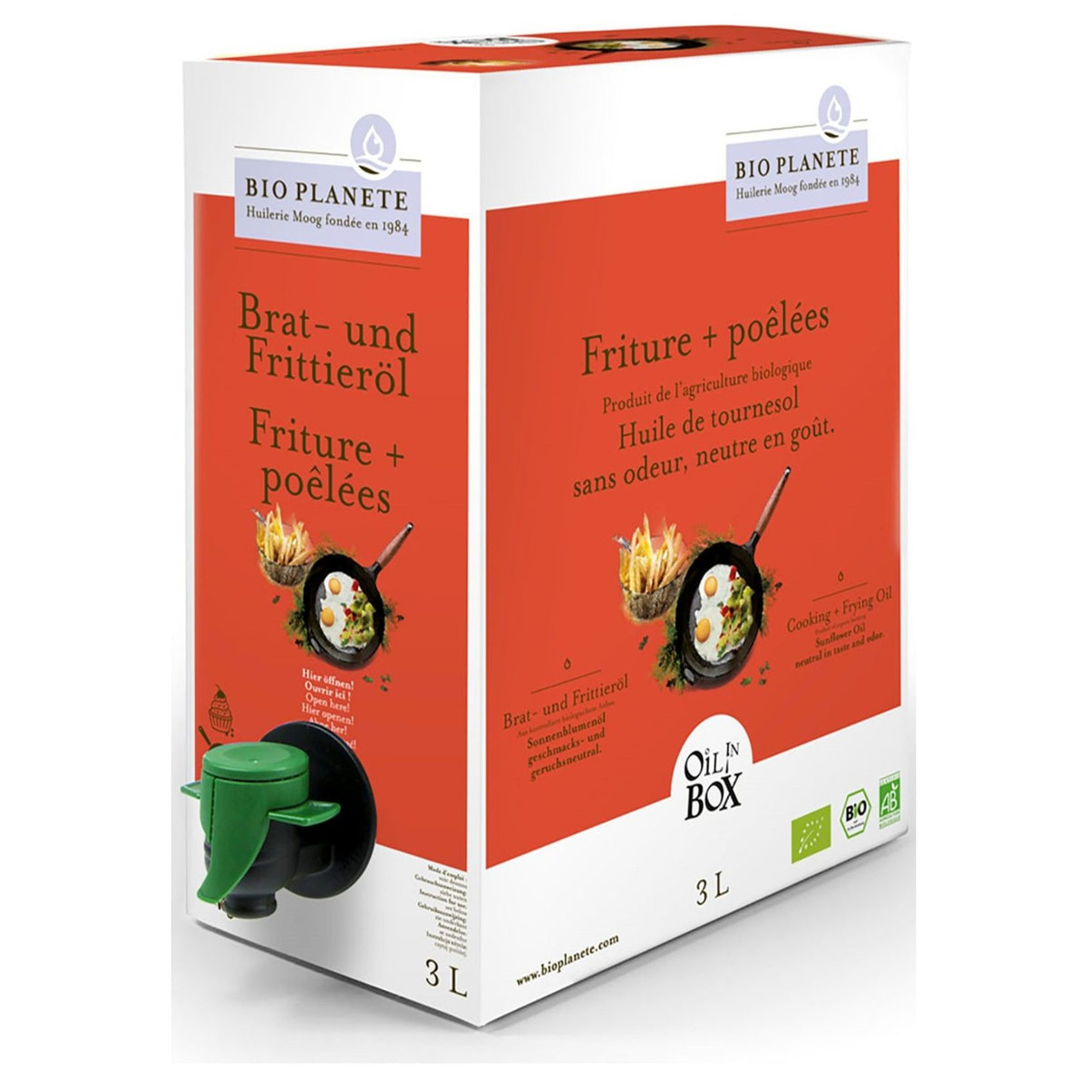Beholder med BioPlanète økologisk vegansk stege- og bageolie, 3 liter
