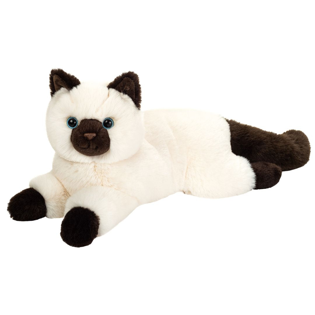 Liggende Birma kattebamse i hvid og sort med blå øjne fra Teddy Hermann