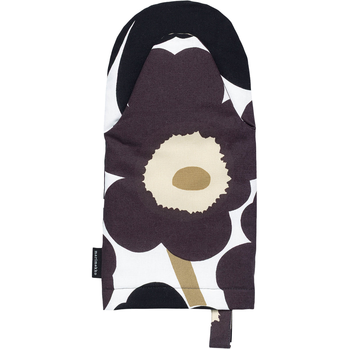 Marimekko Pieni Unikko ovnhandske i sort, hvid og beige med blomstermønster