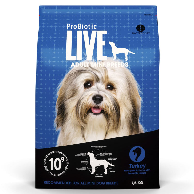 Pakning med ProBiotic LIVE Adult MINI Breeds voksenfoder med kalkun, 7,5 kg