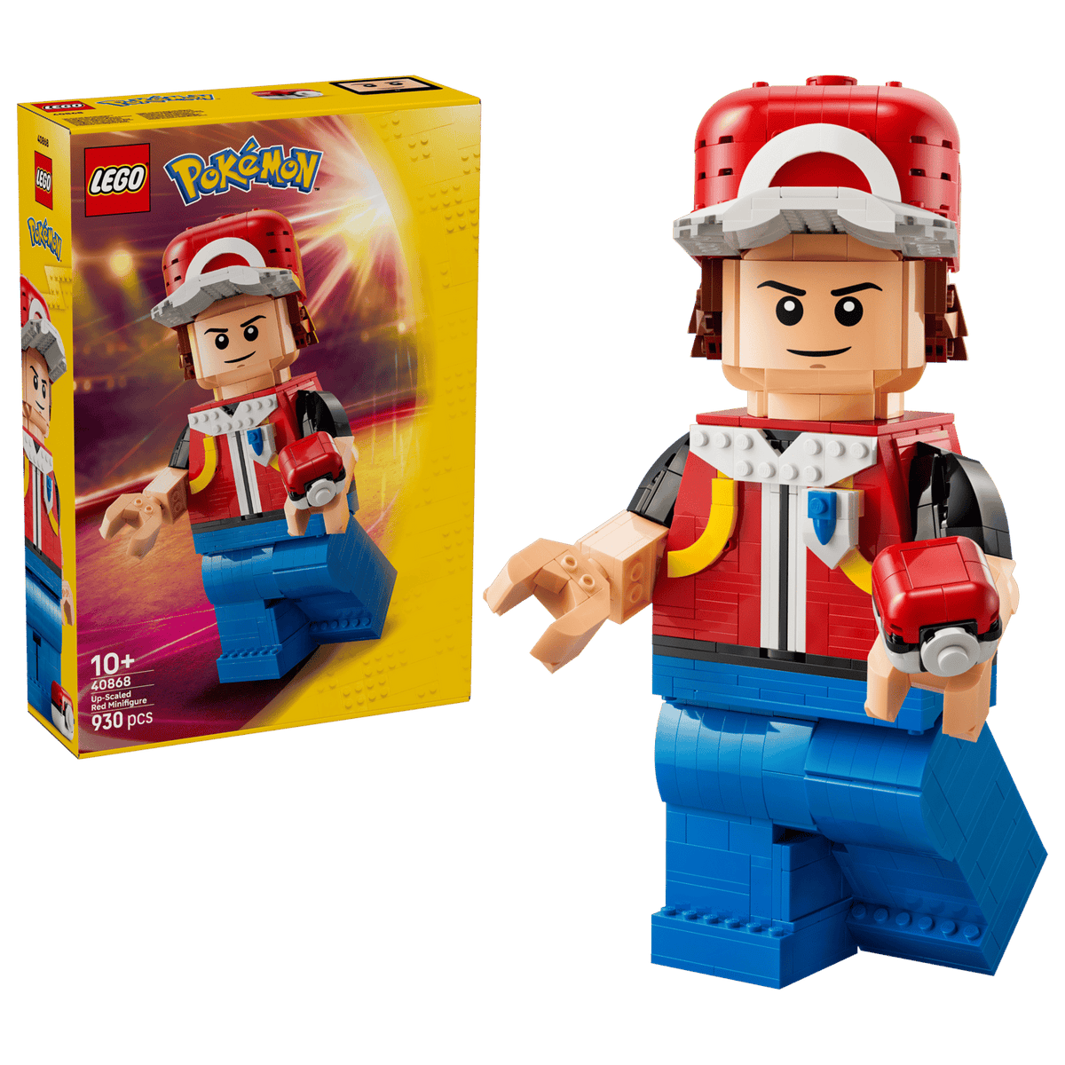 Opskaleret LEGO Red-minifigur 40868 fra Pokémon bygget i store LEGO-klodser