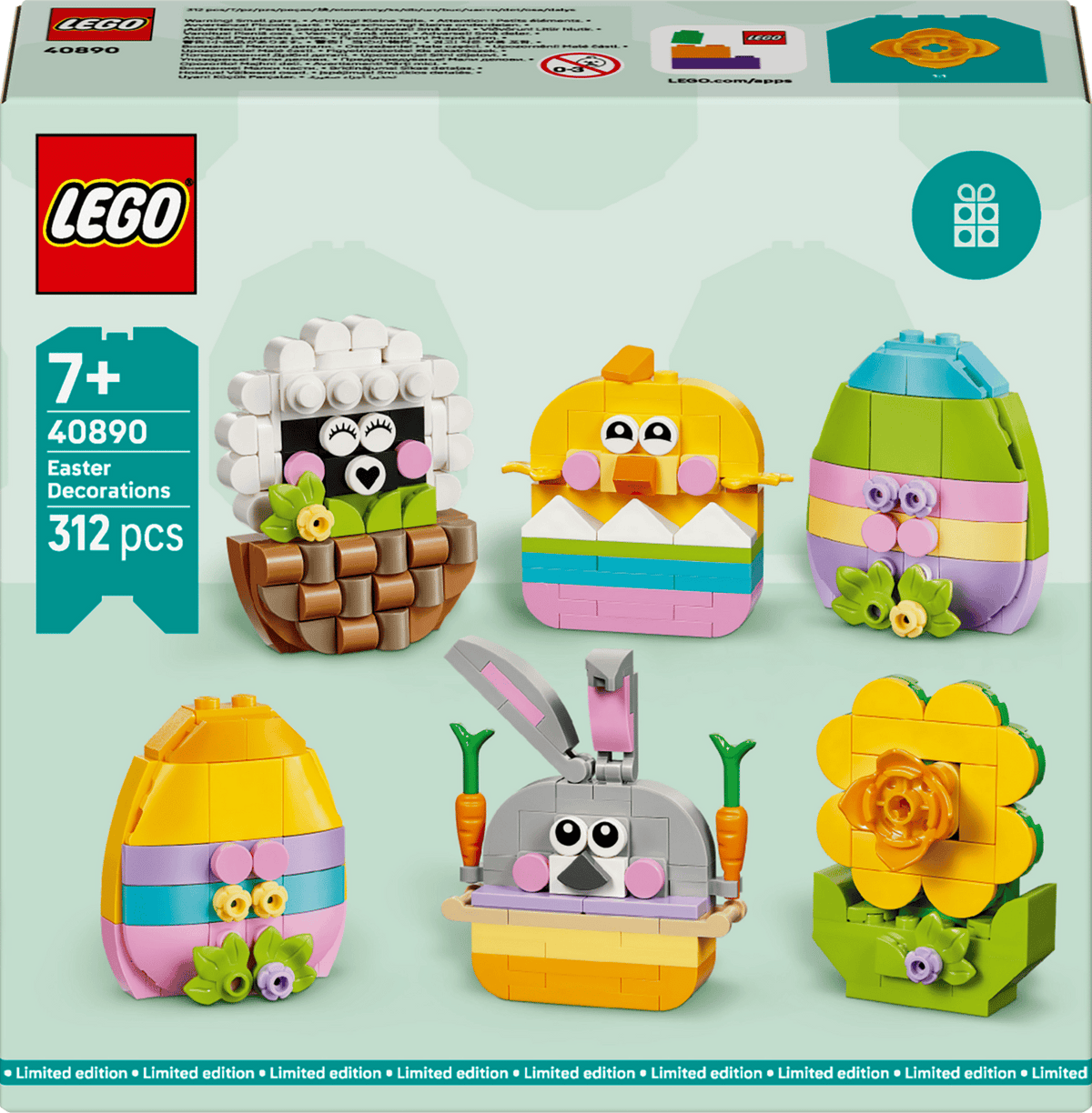 LEGO Påskepynt (40890) med farverige dekorationer som kylling i æggeskal