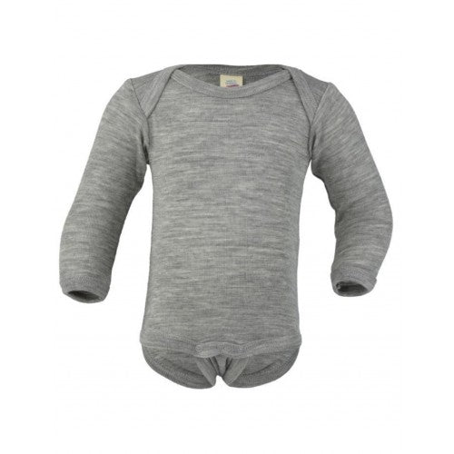 Engel body i light grey melange merinould med lange ærmer, størrelse 62/68