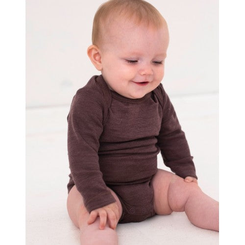 Baby body i økologisk merino uld med lange ærmer i farven plum melange