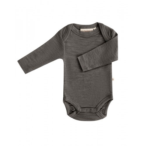 Byhappyme babybody i økologisk merino uld, Light Brown Melange, størrelse 68