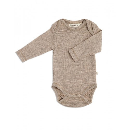 Byhappyme body med lange ærmer og amerikansk lukning i beige melange merino uld, størrelse 86