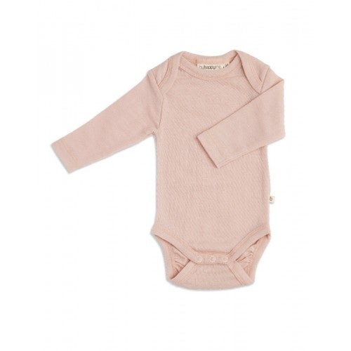 Byhappyme body med lange ærmer og amerikansk lukning i økologisk merino uld, rose melange, størrelse 56