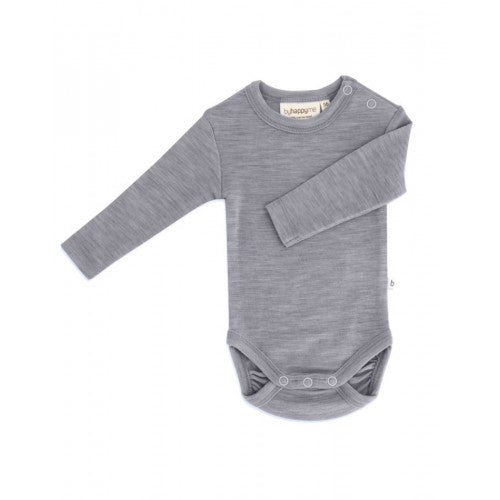 Langærmet babybody i grey melange af økologisk merino uld fra Byhappyme