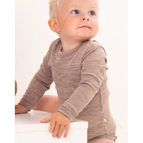 Beige melange langærmet body med rund hals i økologisk merino uld til baby, størrelse 80