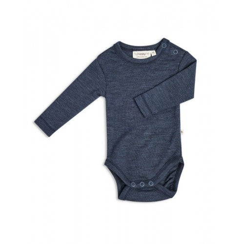 Byhappyme langærmet babybody med rund hals i økologisk merinould, størrelse 68, navy melange