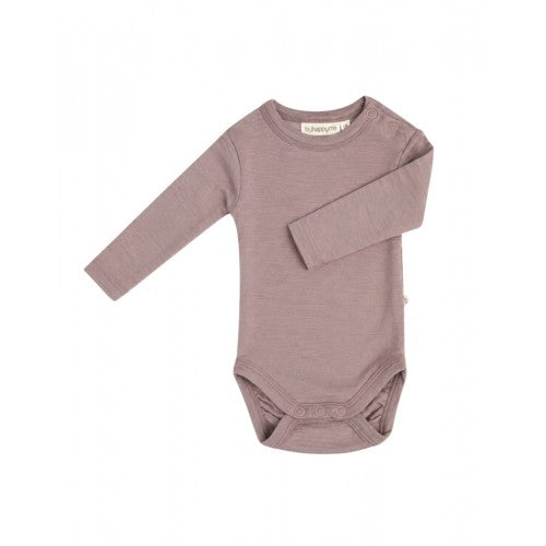 Byhappyme langærmet baby-body med rund hals i økologisk merino uld i farven Lavender, størrelse 74