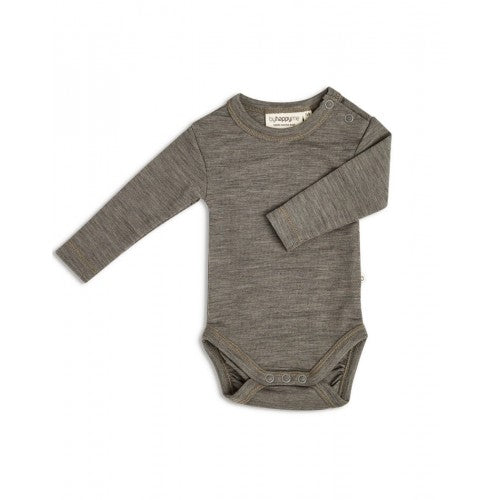 Byhappyme body med lange ærmer i økologisk merino uld, light brown melange, størrelse 98