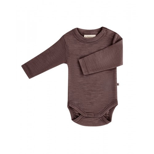 Byhappyme langærmet uldbody med rund hals i økologisk merino uld, plum melange, størrelse 74