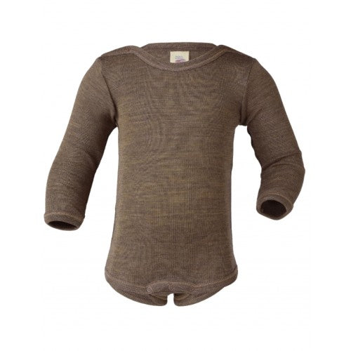 Engel langærmet baby-body i merino uld og silke i farven Walnut, størrelse 74/80