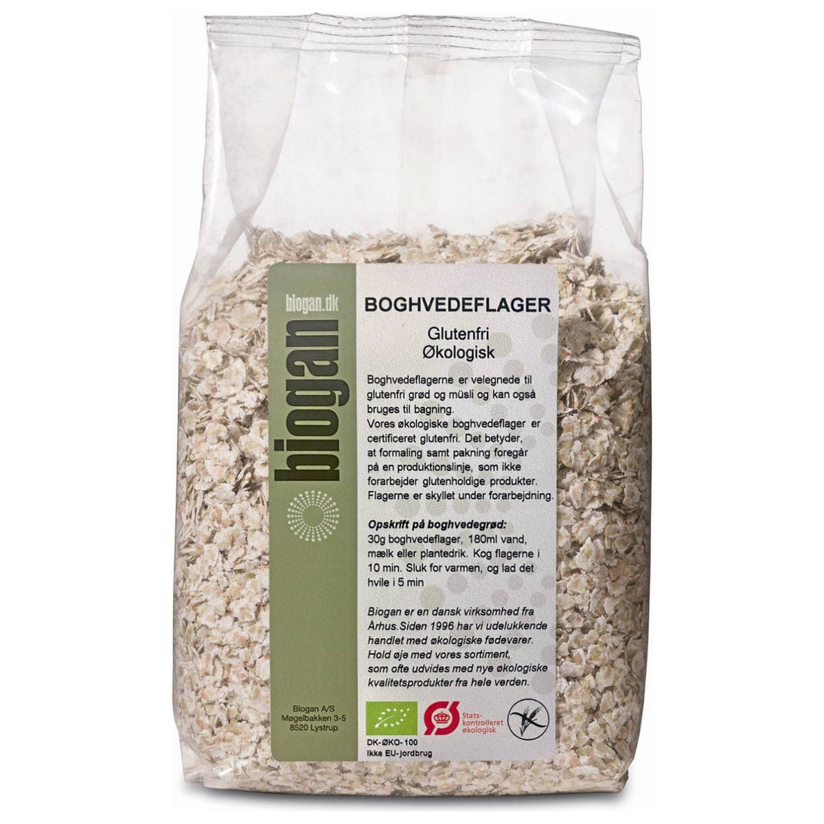 Pose med økologiske glutenfri boghvedeflager, 500 gram, fra Biogan