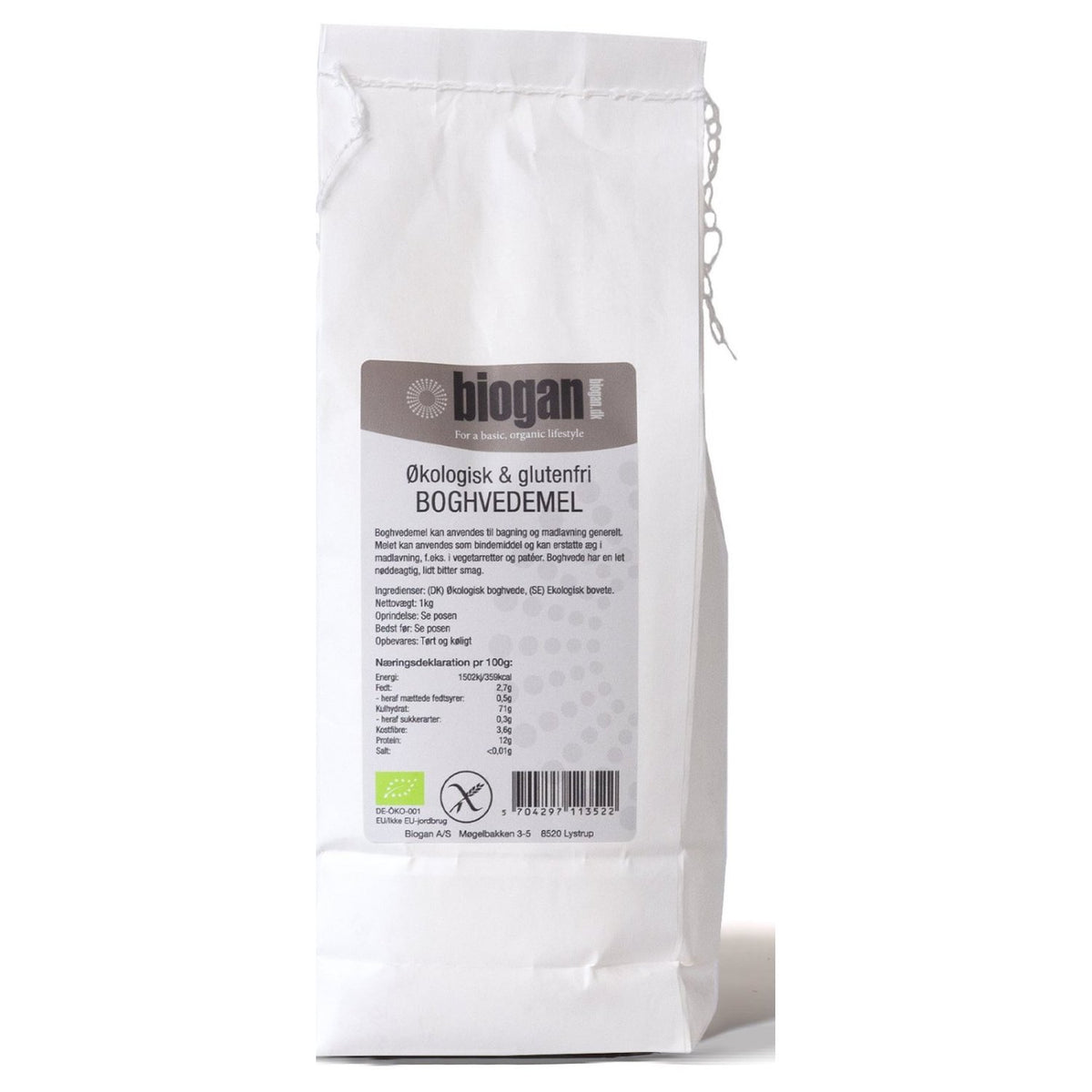 Pose med glutenfri økologisk boghvedemel, 1 kg, fra Biogan