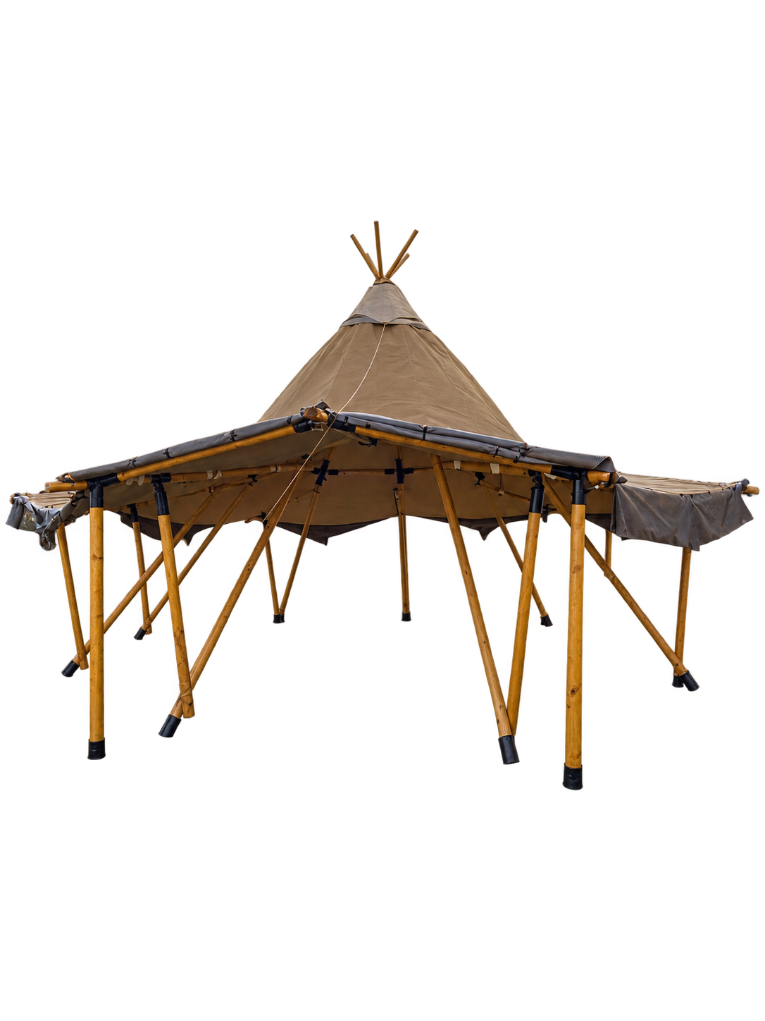 Stort teepee-telt i khaki canvas med karakteristisk tipiform, ø8 m