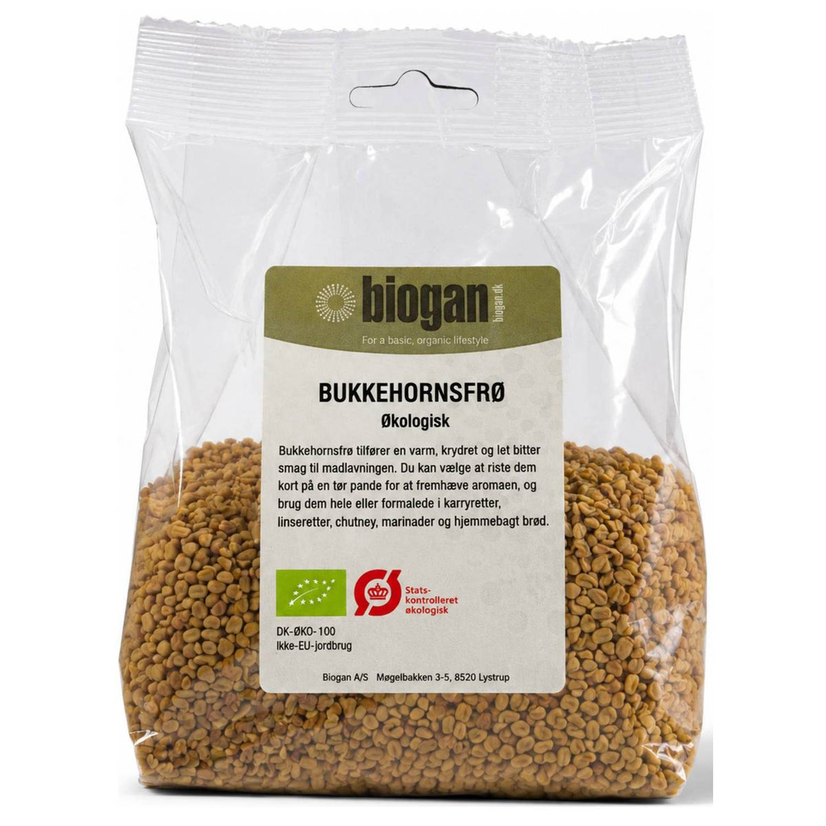 Pakke med 250 gram økologiske bukkehornsfrø fra Biogan