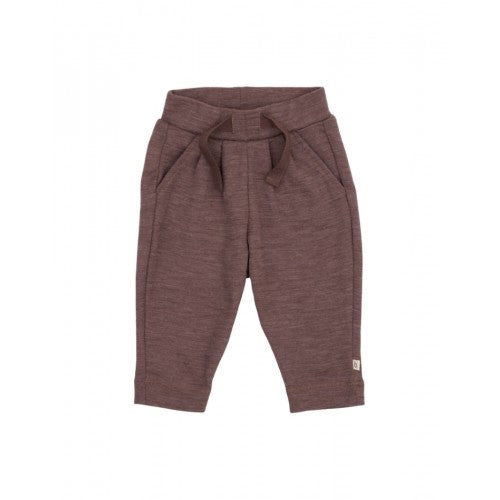 Byhappyme baby uldbukser i merino uld i Plum Melange med bindebånd, størrelse 80
