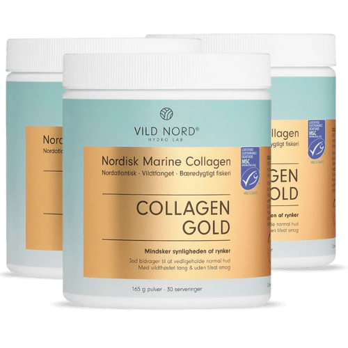 Tre pakker Vild Nord Collagen Gold kollagentilskud, 165 g pr. pakke