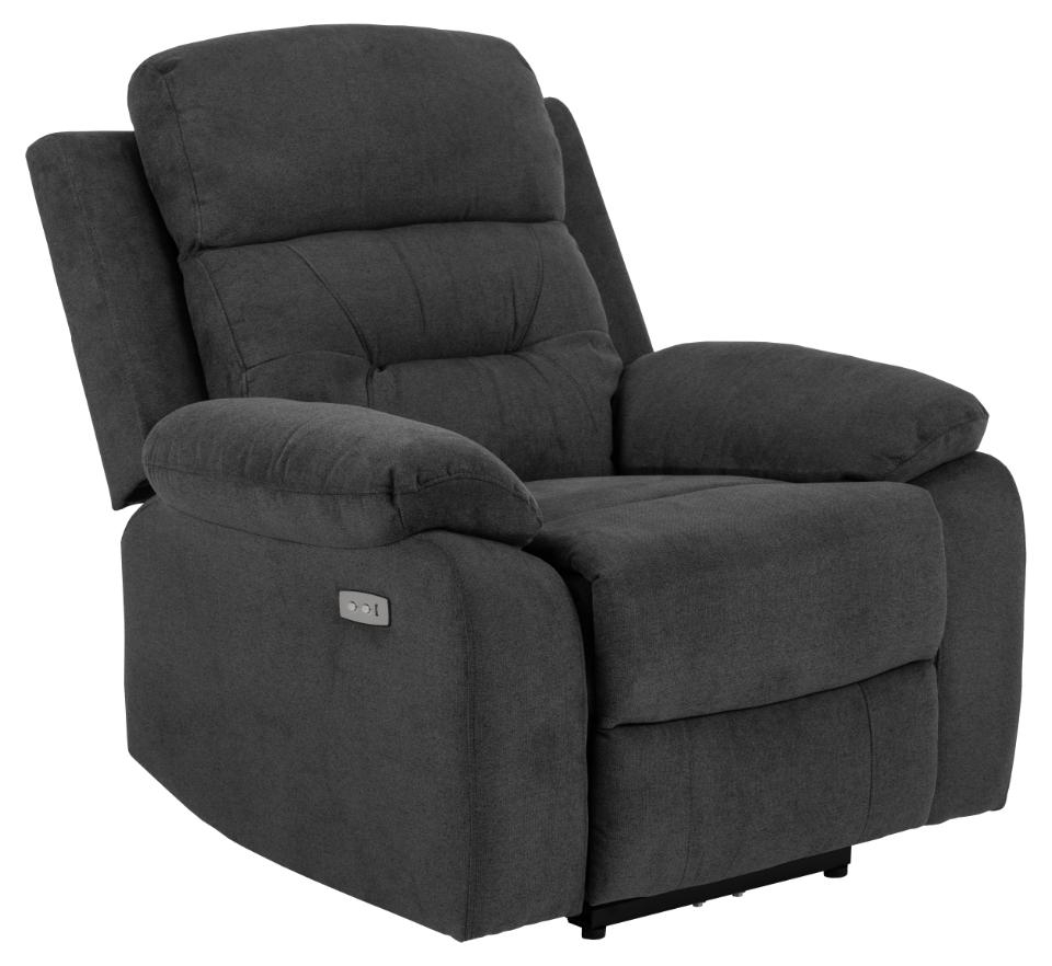 Vansbro recliner fra Act Nordic i mørkegrå stof og sort stål med el, C-stik og USB-A