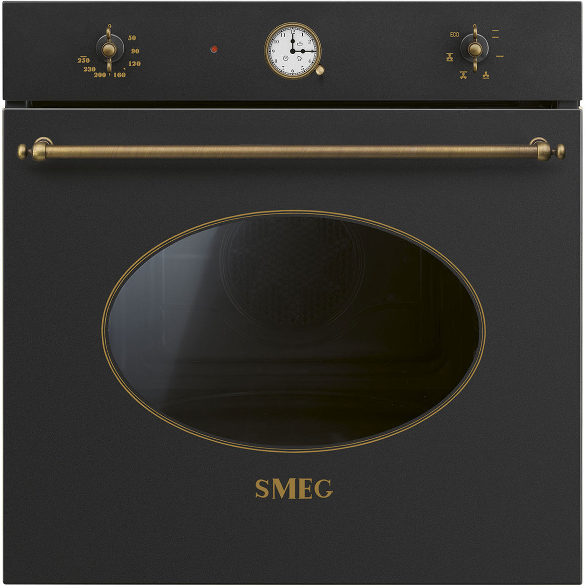 Smeg SF68C1AO Colonial indbygningsovn i antracit med messingdetaljer og buet kontrolpanel
