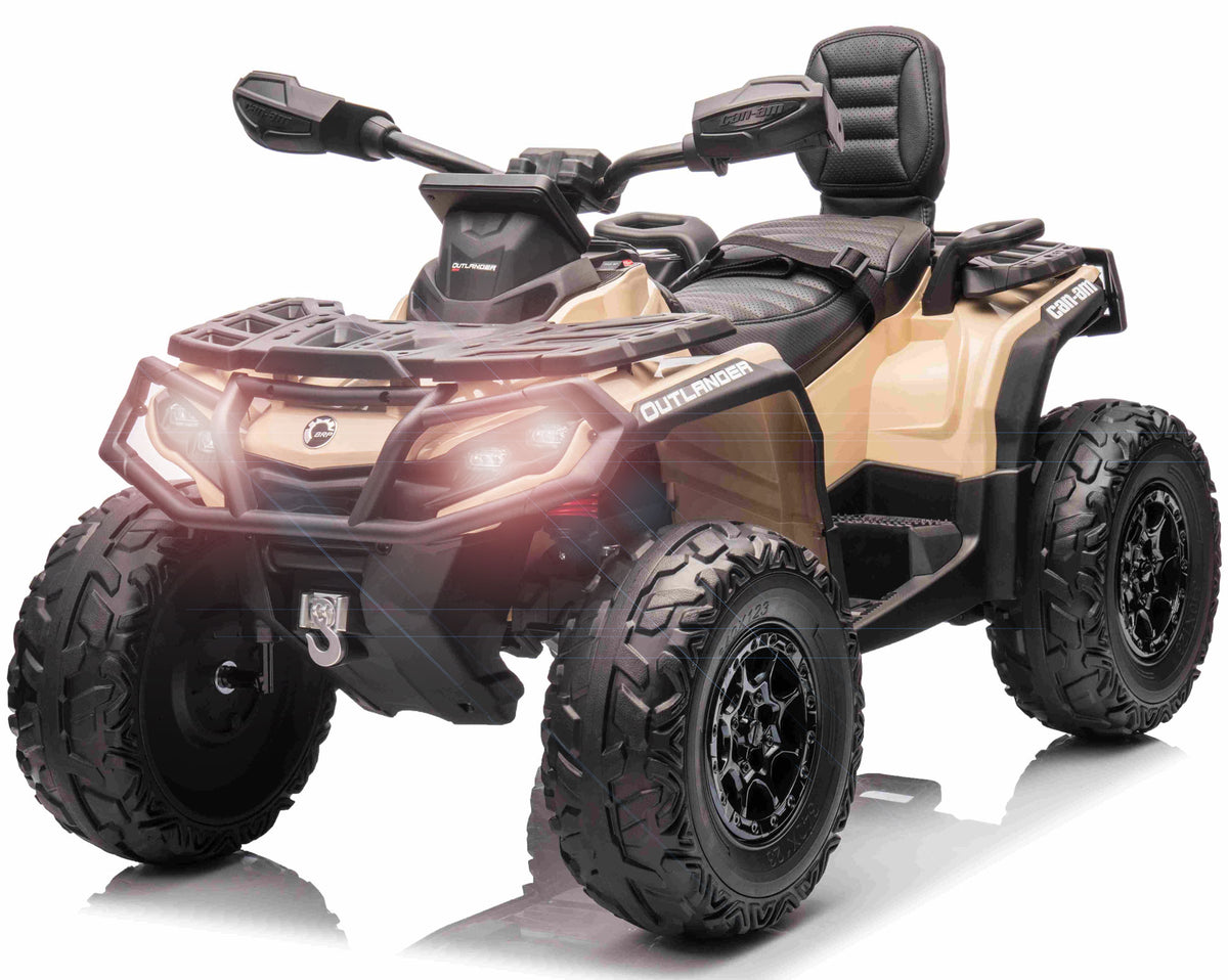Khakifarvet Can-Am Outlander el-ATV til børn fra Megaleg med lædersæde og gummihjul