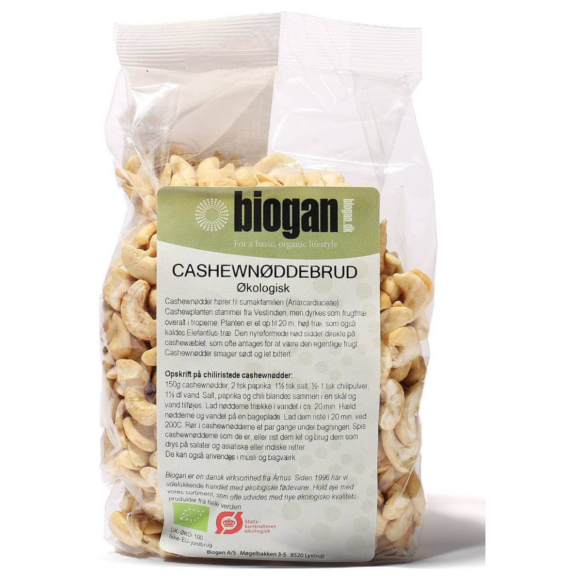 Pose med økologiske cashewnødder i brud fra Biogan, 500 gram