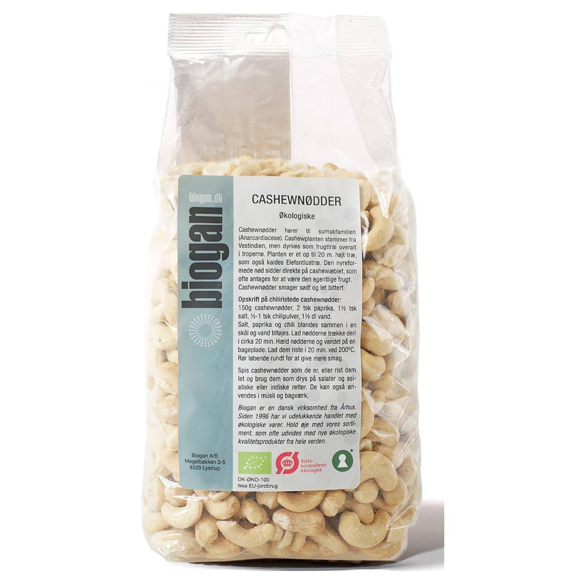 Stor pose med økologiske cashewnødder fra Biogan, 750 gram