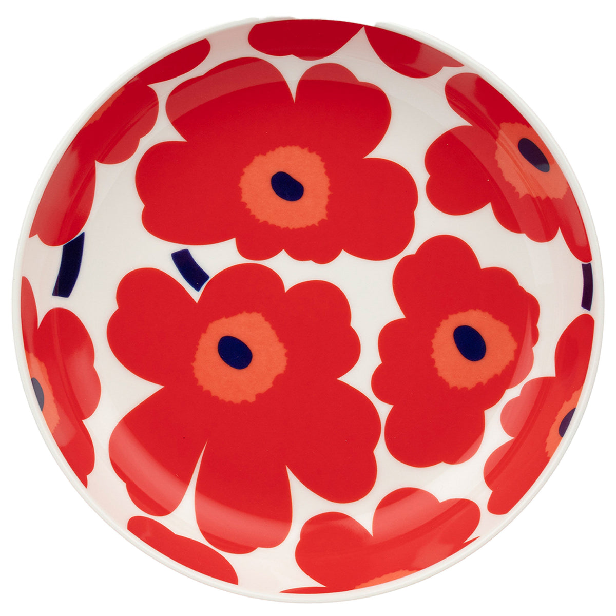 Dyb Unikko-tallerken fra Marimekko med rødt blomstermotiv og blå detaljer på hvid baggrund