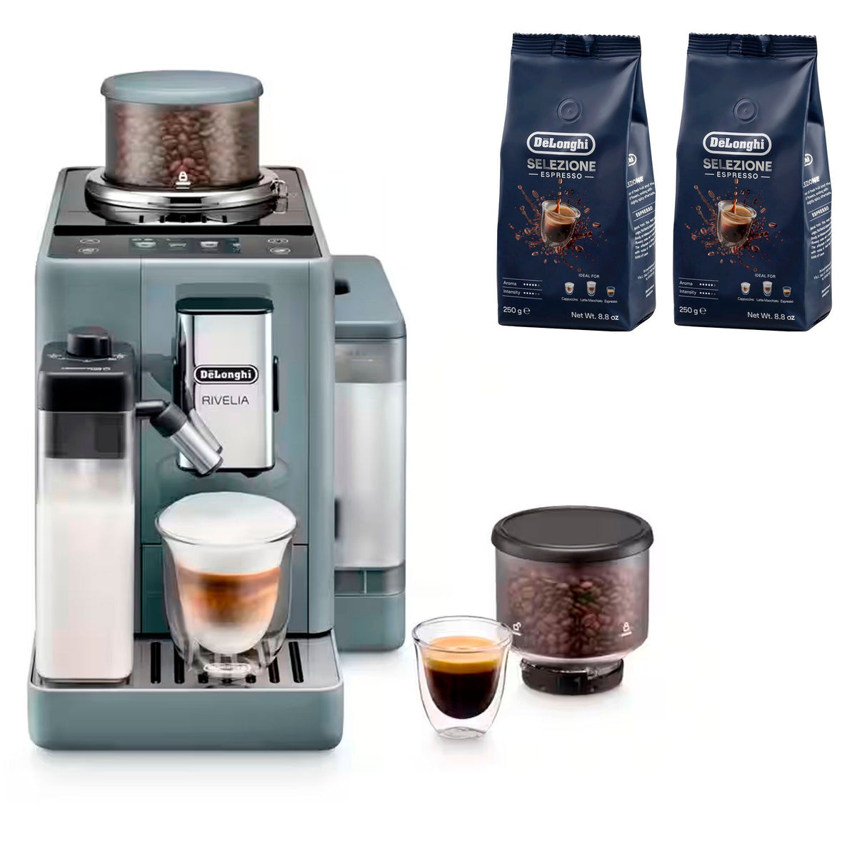 Grå De'Longhi Rivelia helautomatisk espressomaskine med kaffebønner
