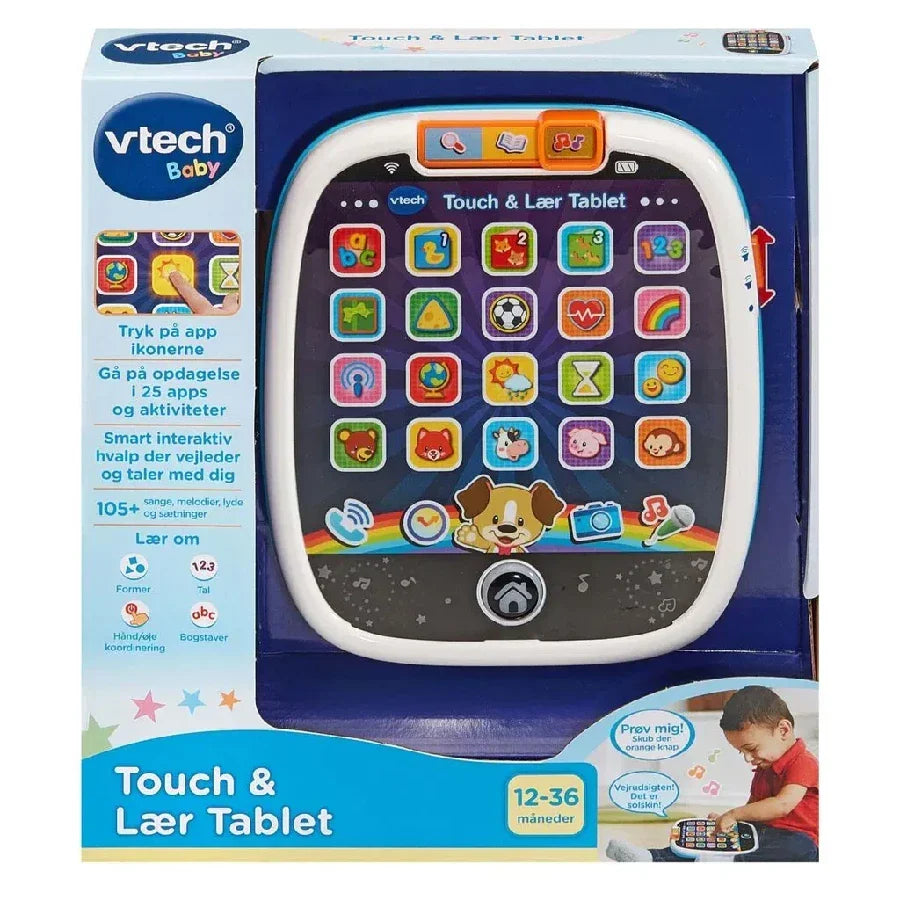 VTech Touch & Teach tablet i dansk udgave med oplyste app-knapper til små børn
