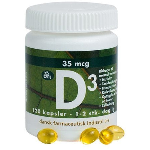 Pakke med D3-vitamin 35 mcg, 120 kapsler, fra Grønne dfi vitaminer