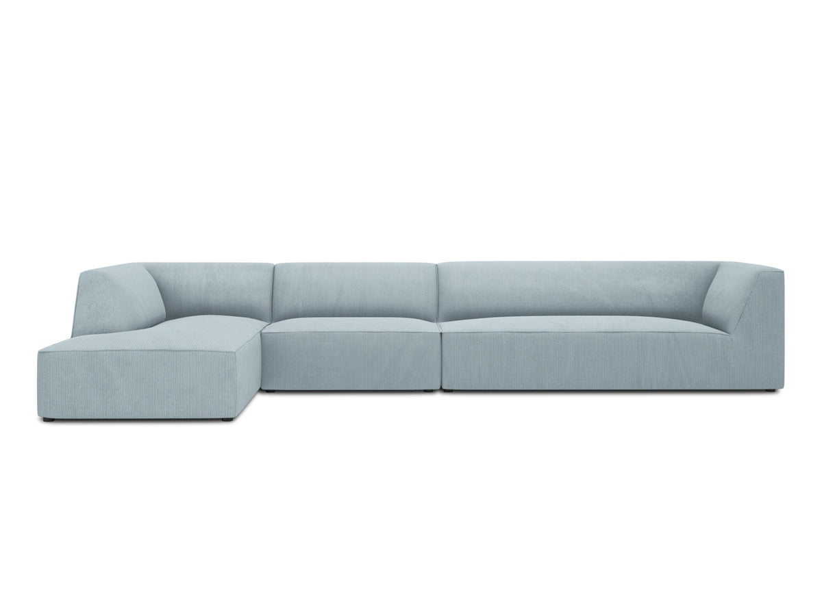 Micadoni Ruby Modul hjørnesofa, venstre, med 5 sæder i blå corduroy fløjl og sort plast