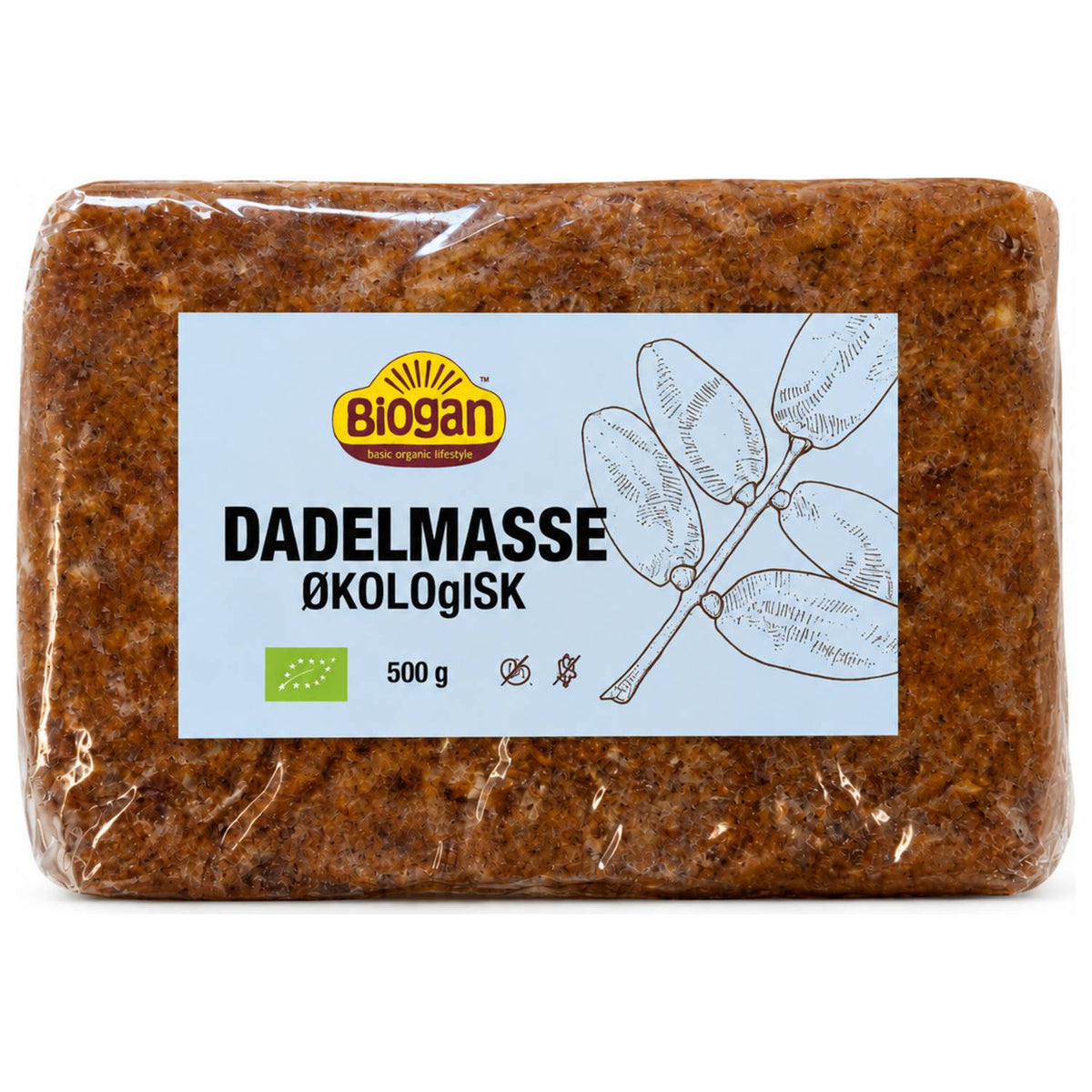 Pakke med 500 gram økologisk dadelmasse fra Biogan