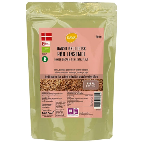 Pose med dansk økologisk rød linsemel, 300 gram, fra DAVA