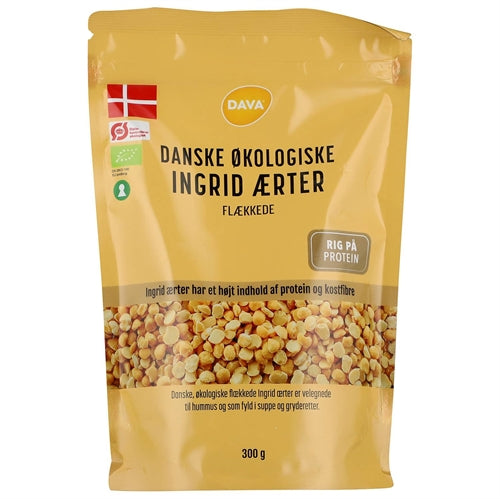 Pakke med flækkede Ingrid ærter, danske og økologiske, 300 gram, fra DAVA