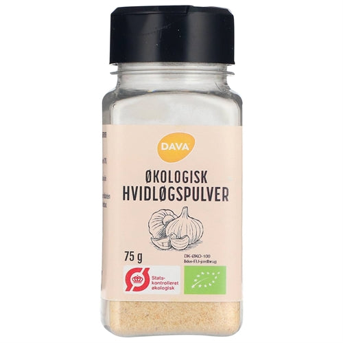Glas med økologisk hvidløgspulver, 50 g, fra Dava