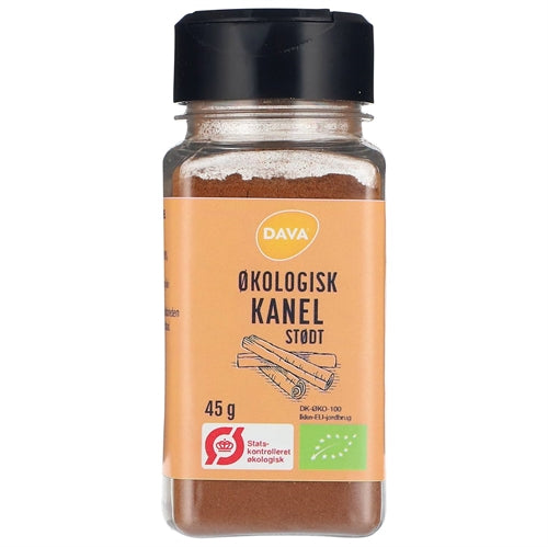 Glas med økologisk stødt kanel, 45 g, fra Dava