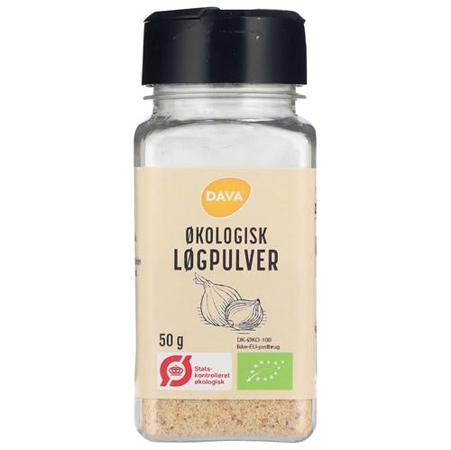 Glas med økologisk løgpulver, 50 g, fra Dava