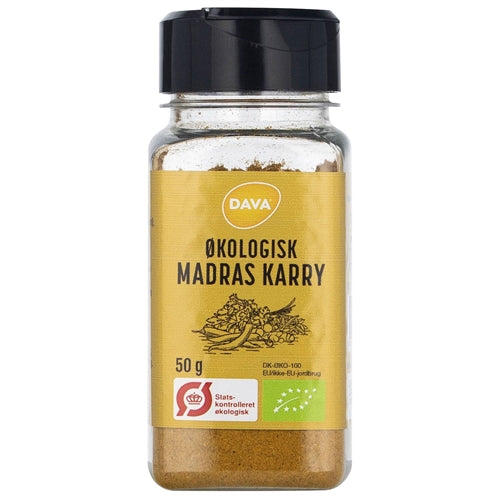 Glas med økologisk madras karry, 50 g, fra Dava