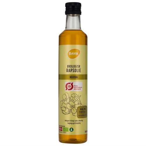Flaske med DAVA økologisk koldpresset rapsolie, 500 ml