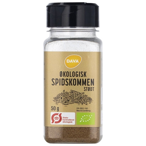 Glas med økologisk stødt spidskommen, 50 g, fra Dava