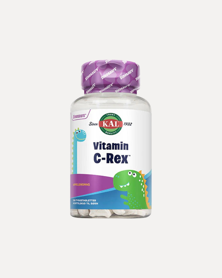 Pakning med KAL Vitamin C-Rex tyggetabletter til børn, 100 stk