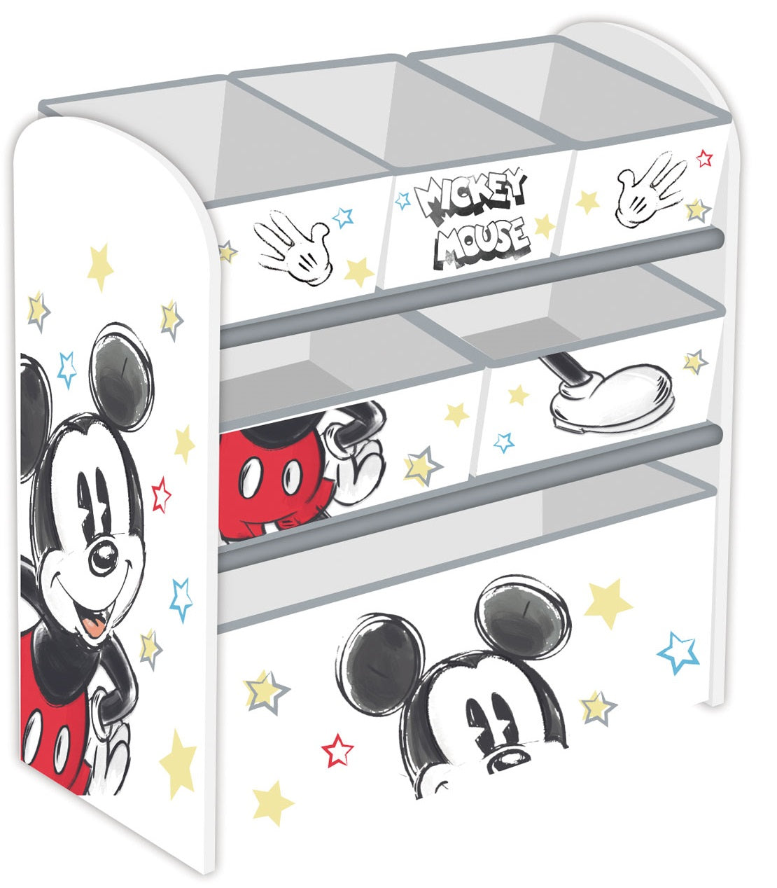 Arditex Disney Mickey reol i træ med seks tekstilkurve til børneværelset