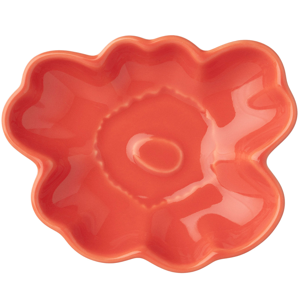 Orange Unikko Shape-tallerken i keramik fra Marimekko, 9,5 cm