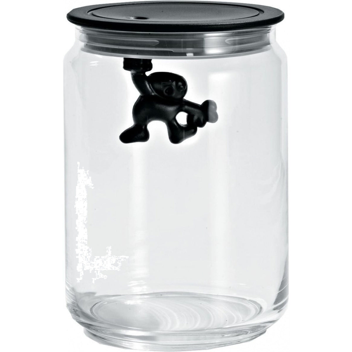 Alessi Gianni glaskrukke med sort låg, 90 cl, med lille figur under låget