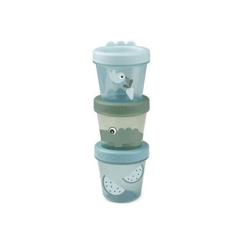 Tre transparente babymadbøtter fra Done by Deer med Deer friends